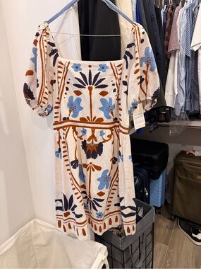 Cleobella Ivory Midi Dress with Blue & Brown Floral Embroidery